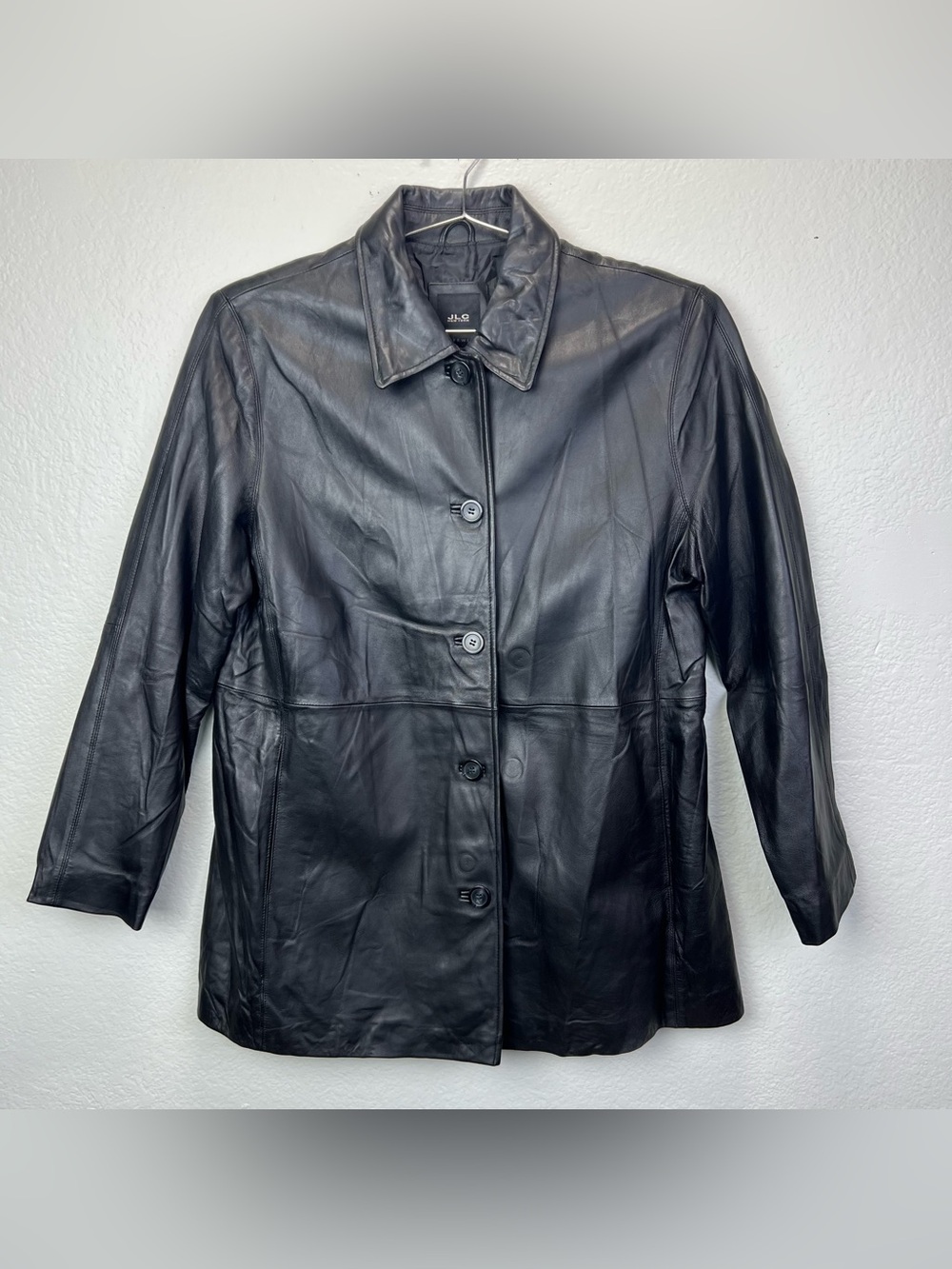 JLC New York 90s Women Black Leather Button Coat Jacket Size XL